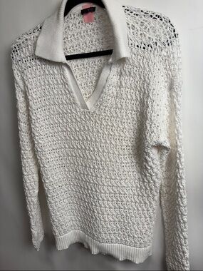 Talbots White Open-Knit V-Neck Polo Sweater